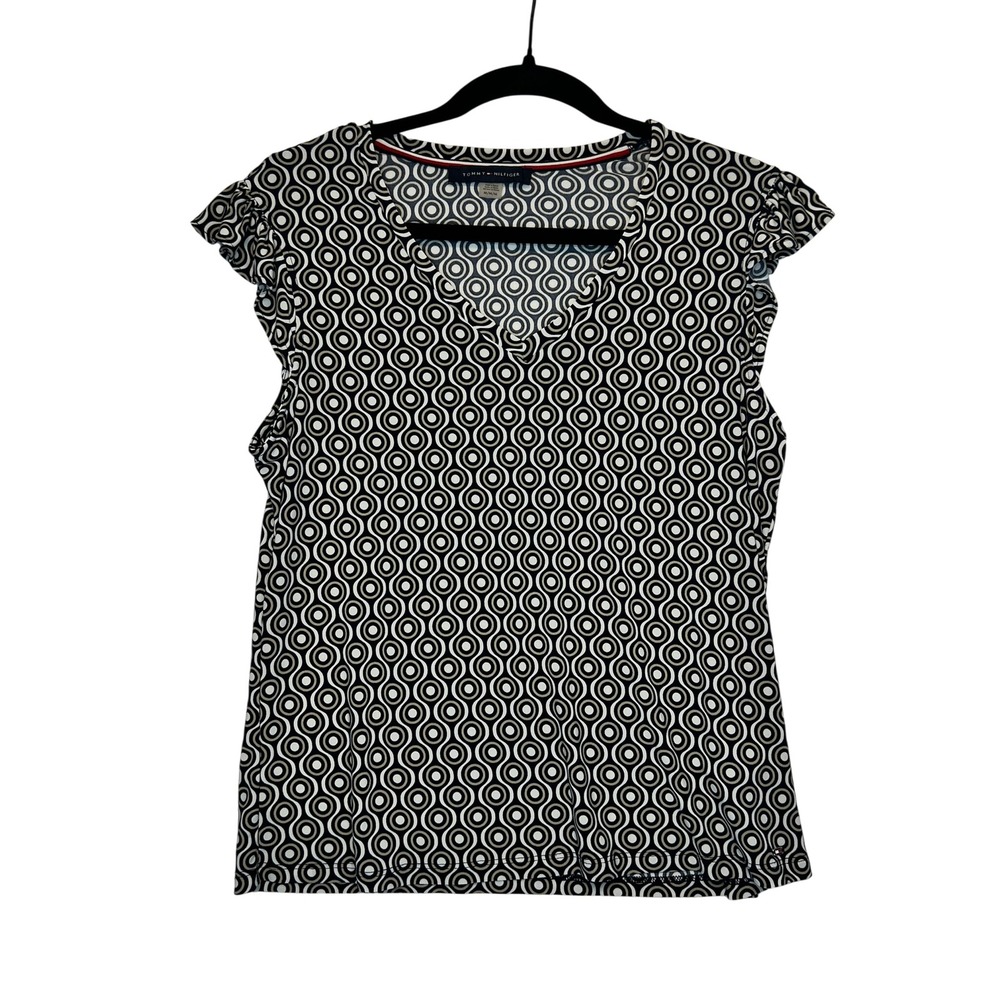 EUC Tommy Hilfiger Womens Geometric Circle Print V-Neck Ruffle Sleeve Black‎ M